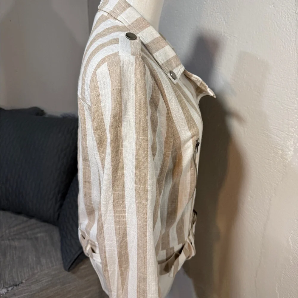Lulus Striped Moto Jacket Cream Tan Asymmetrical Zip Lightweight Size L - Picture 8 of 12
